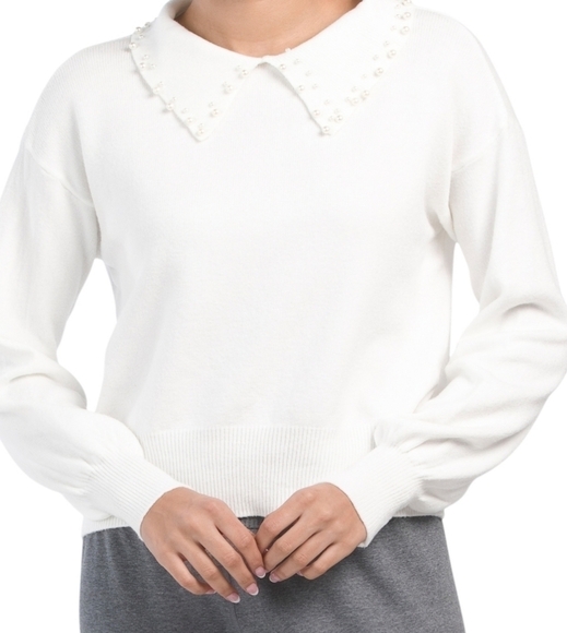 ELIE by Elie Tahari White Pearl Collar Pullover Viscose Blend Sweater Top - Picture 1 of 16